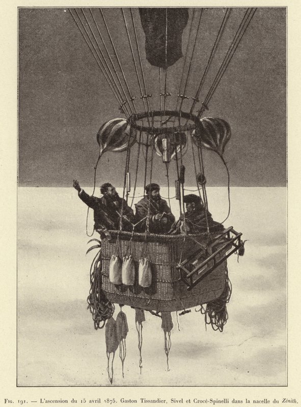 De opstijging van 15 april 1875, Gaston Tissandier, Sivel en Croce-Spinelli in de gondel van de Zenith door French School