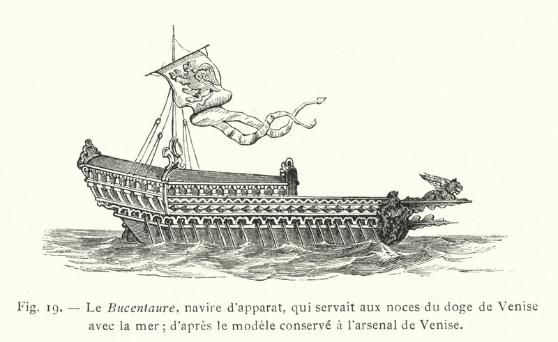 De Bucentaure, ceremonieel schip, gebruikt voor het huwelijk van de doge van Venetië met de zee; naar het model bewaard in het arsenaal van Venetië (gravure) door French School