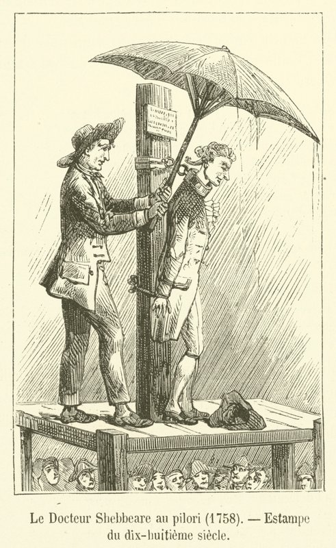 Dokter Shebbeare aan de schandpaal, 1758, prent uit de achttiende eeuw door French School