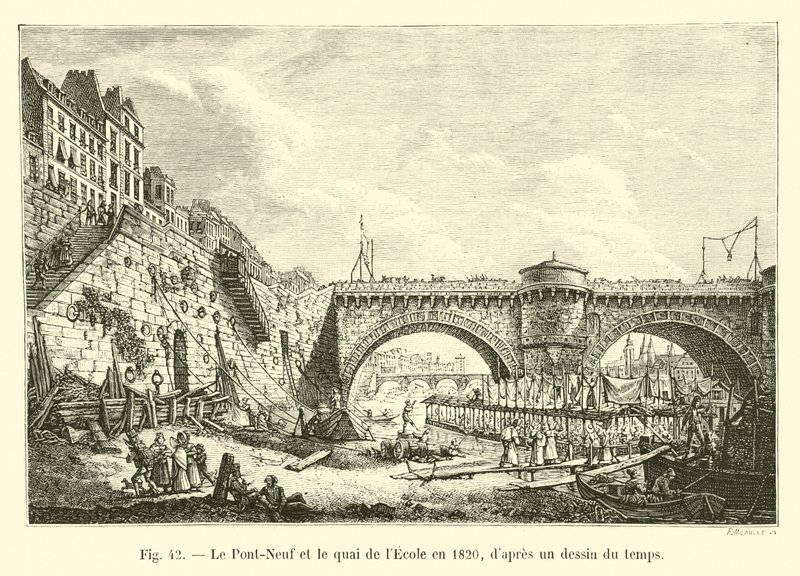 De Pont-Neuf en de kade van de School in 1820, volgens een tekening uit die tijd door French School