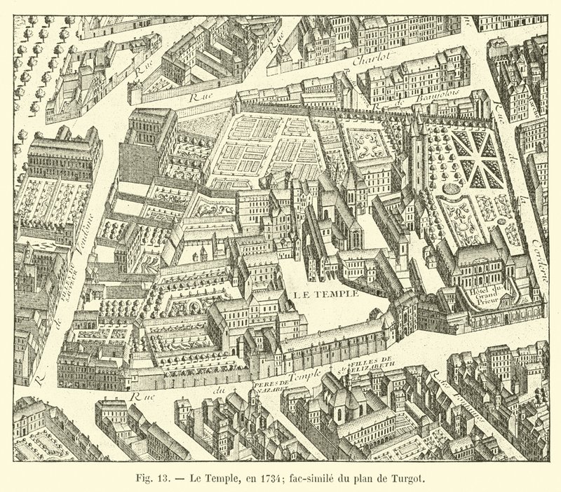 De Tempel, in 1734; facsimile van het plan van Turgot door French School