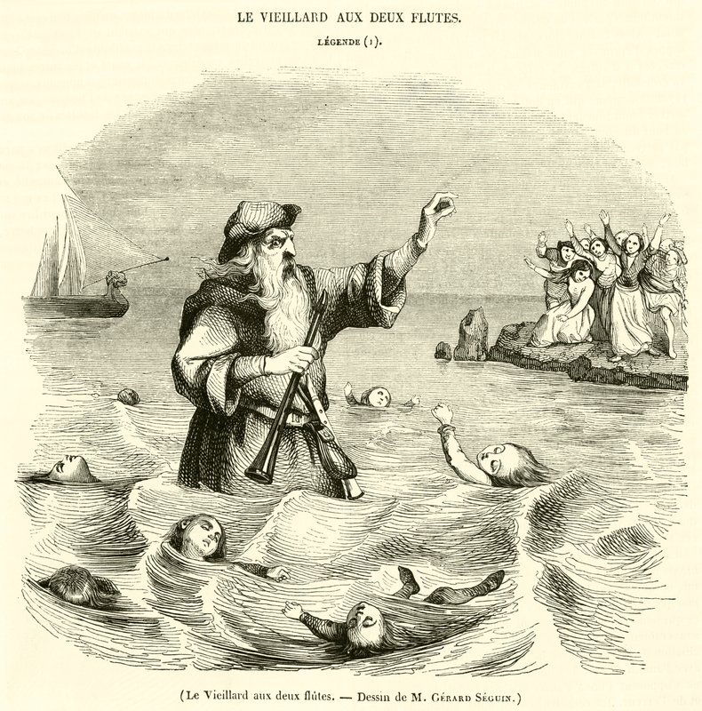 De oude man met twee fluiten (gravure) door French School
