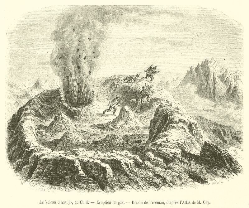 De vulkaan van Antujo, in Chili, gasuitbarsting (gravure) door French School