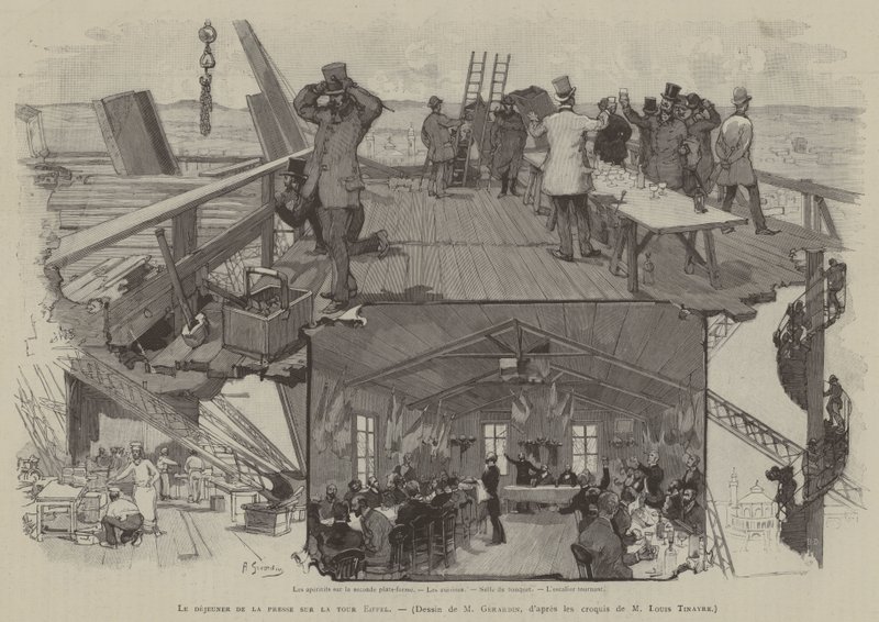 Perslunch op de Eiffeltoren (gravure) door French School