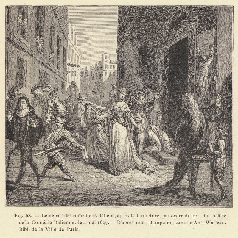 Vertrek van de Italiaanse komedianten, na de sluiting, op bevel van de koning, van het theater van de Comedie-Italienne, op 4 mei 1697 door French School