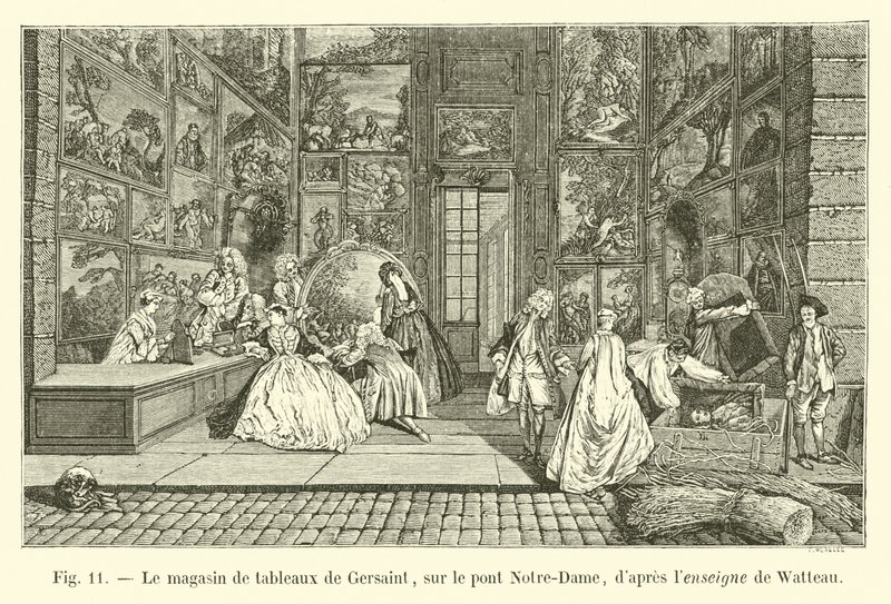 De schilderijenwinkel van Gersaint, op de Pont Notre-Dame, naar het uithangbord van Watteau door French School