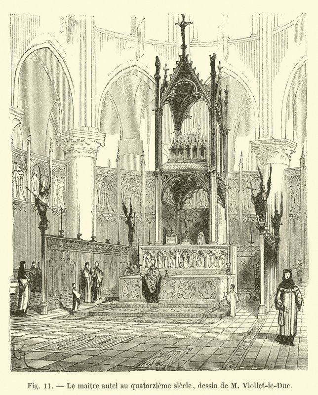 Het hoofdaltaar in de veertiende eeuw, tekening van M. Viollet-le-Duc door French School