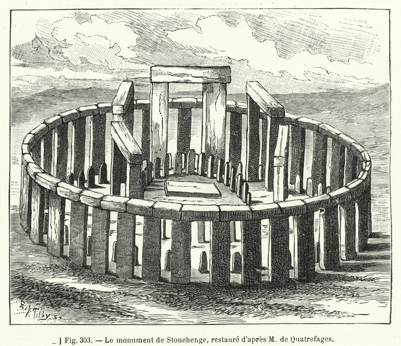 Het monument van Stonehenge, gerestaureerd volgens M de Quatrefages door French School
