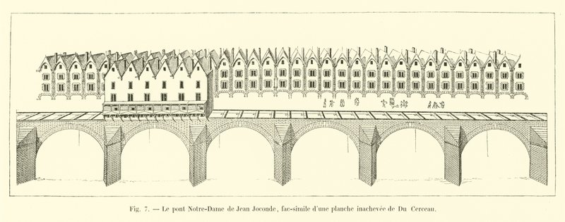De Pont Notre-Dame van Jean Joconde, facsimile van een onvoltooide plaat van Du Cerceau door French School