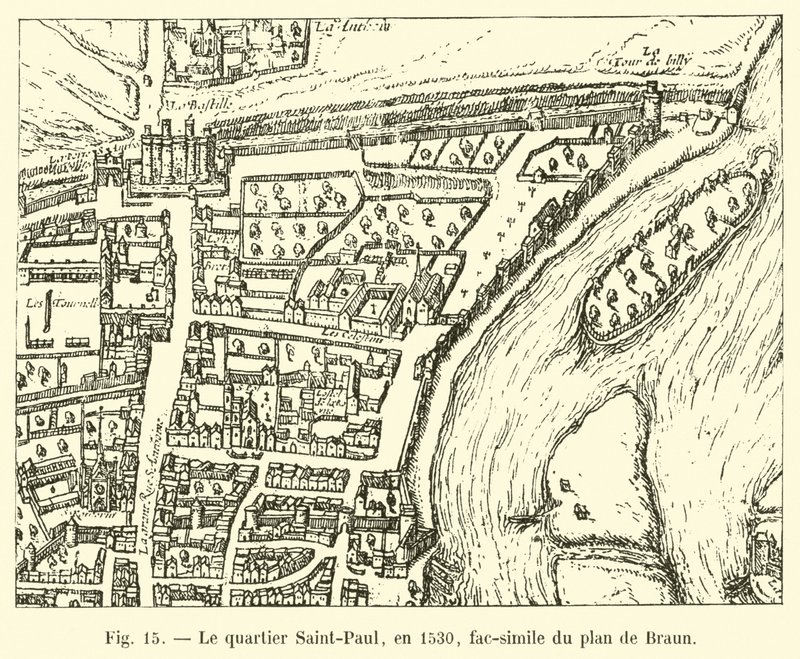 De wijk Saint-Paul, in 1530, facsimile van het plan van Braun door French School