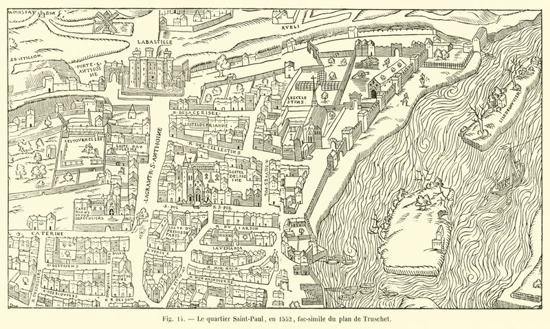 De wijk Saint-Paul, in 1552, facsimile van het plan van Truschet door French School