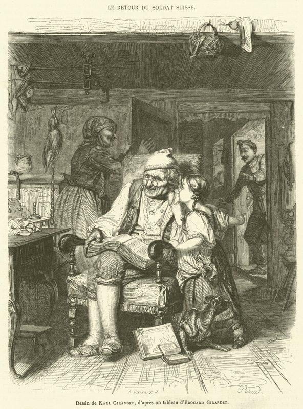 De terugkeer van de Zwitserse soldaat (gravure) door French School