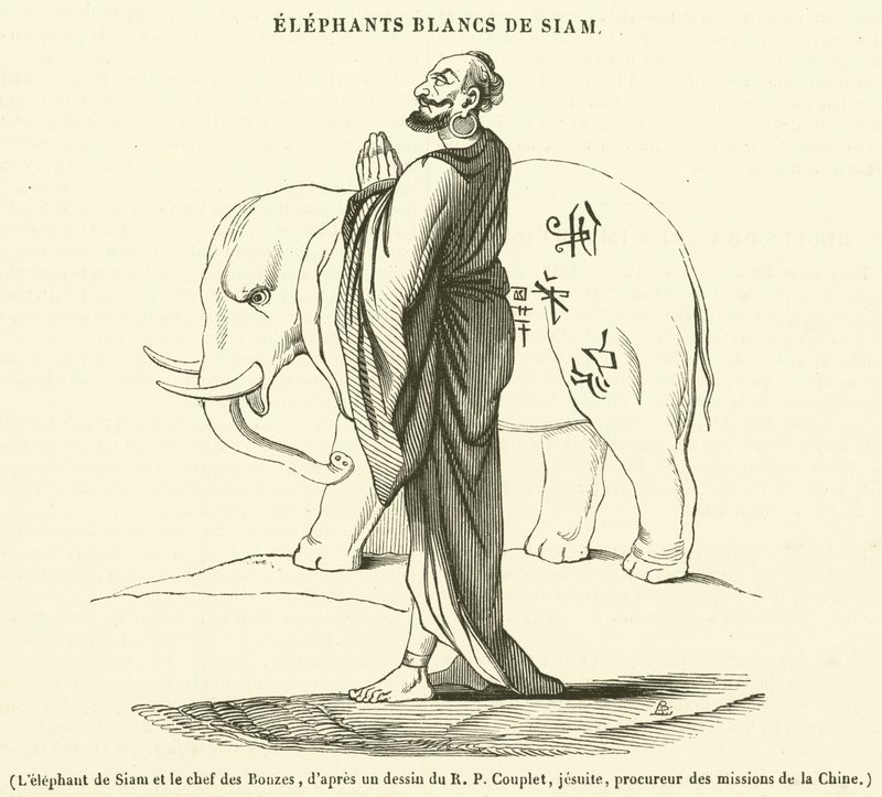 De Siamese olifant en het opperhoofd van de Bonzes (gravure) door French School