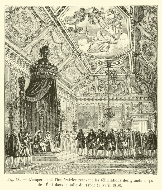 De keizer en de keizerin ontvangen de felicitaties van de grote staatslichamen in de Troonzaal, 3 april 1810 door French School