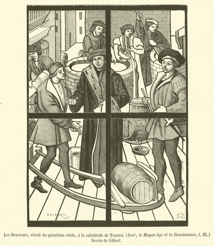De brouwers, glas-in-loodraam uit de vijftiende eeuw, in de kathedraal van Doornik door French School