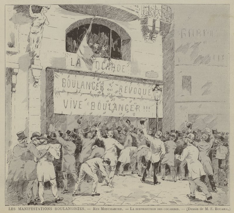 Les Manifestations Boulangistes, Rue Montmartre, La distribution des cocardes (gravure) door French School