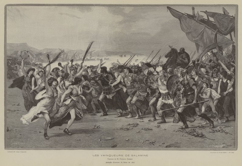 De winnaars van Salamis (gravure) door French School