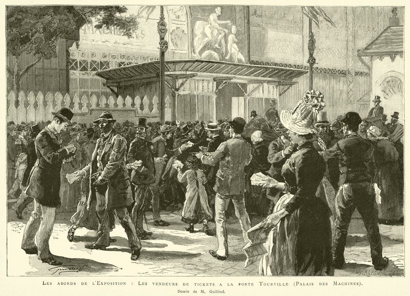 De omgeving van de tentoonstelling, de kaartverkopers bij de Tourville-poort, Palais des Machines, tekening van M Guilliod door French School
