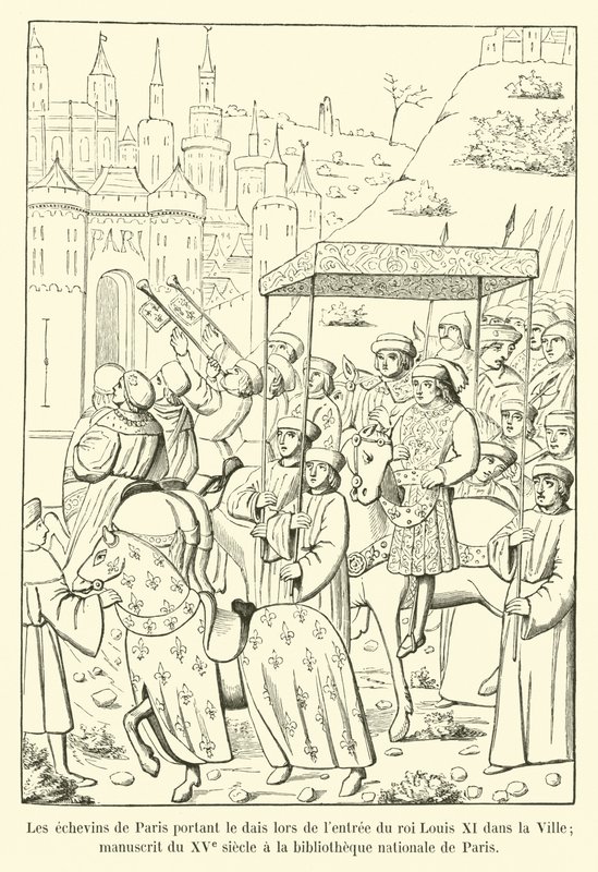 De schepenen van Parijs dragen het baldakijn bij de intocht van koning Lodewijk XI in de stad; manuscript uit de 15e eeuw in de nationale bibliotheek van Parijs door French School