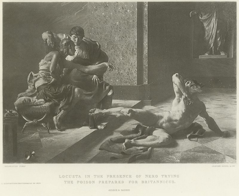 Locusta in de aanwezigheid van Nero die het gif probeert dat voor Britannicus is bereid (gravure) door French School