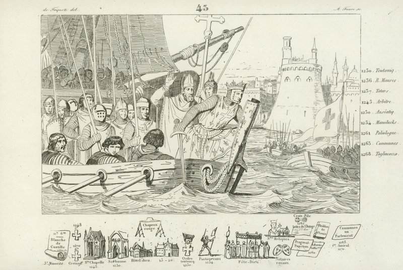 Lodewijk IX van Frankrijk leidt de aanval op Damietta, Egypte, 7e Kruistocht, 1249 door French School