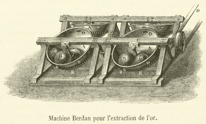 Machine Berdan voor goudwinning (gravure) door French School
