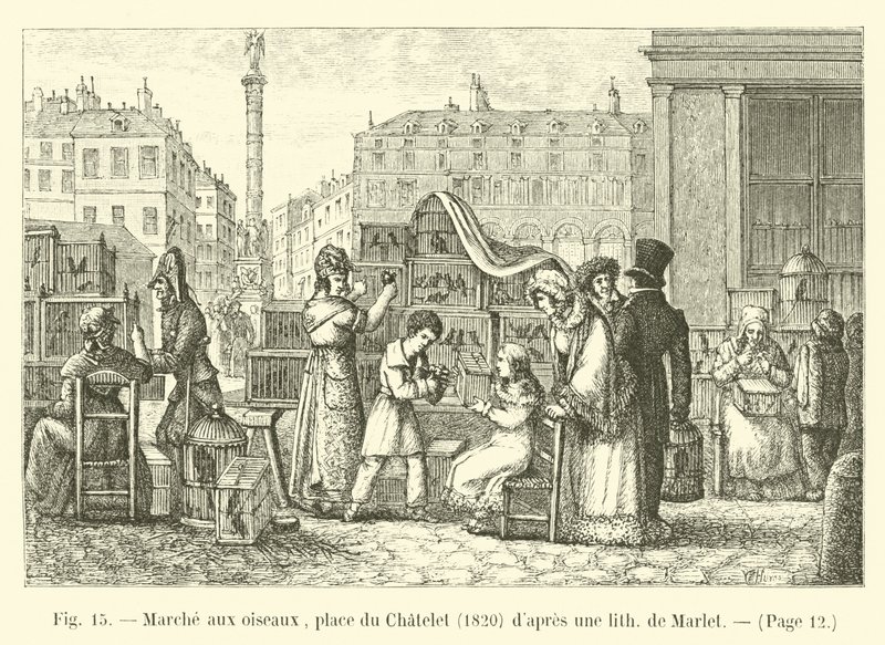 Vogelmarkt, plein du Chatelet, 1820, naar een litho van Marlet door French School