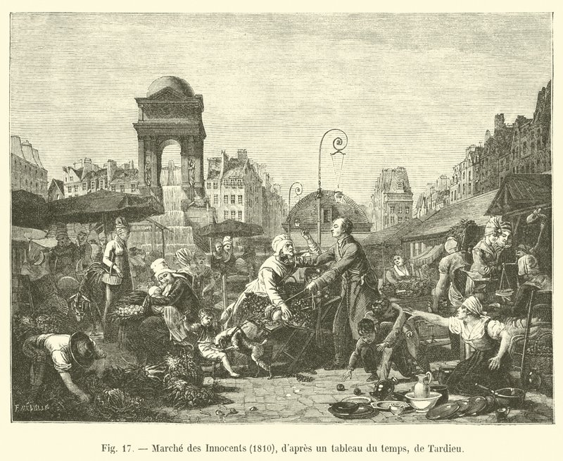 Markt van de Onschuldigen, 1810, naar een schilderij uit die tijd, van Tardieu door French School