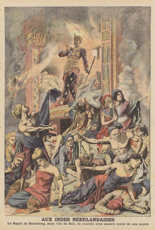 Massale zelfmoord in Nederlands-Indië (kleur litho) door French School