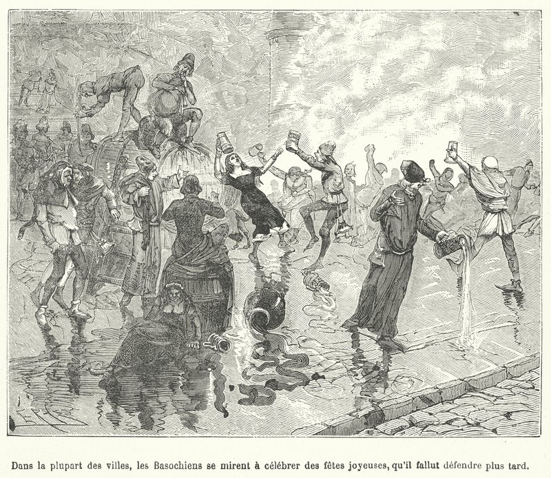 Leden van de Basaoche, een gilde van klerken, vieren een festival op de straten van een middeleeuwse Franse stad (gravure) door French School