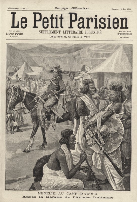 Menelik II, Keizer van Ethiopië, in het kamp van Adwa na de nederlaag van het Italiaanse leger, Eerste Italiaans-Ethiopische Oorlog door French School