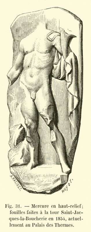 Mercurius in hoog-reliëf; opgravingen gedaan bij de toren Saint-Jacques-la-Boucherie in 1854, momenteel in het Thermenpaleis door French School