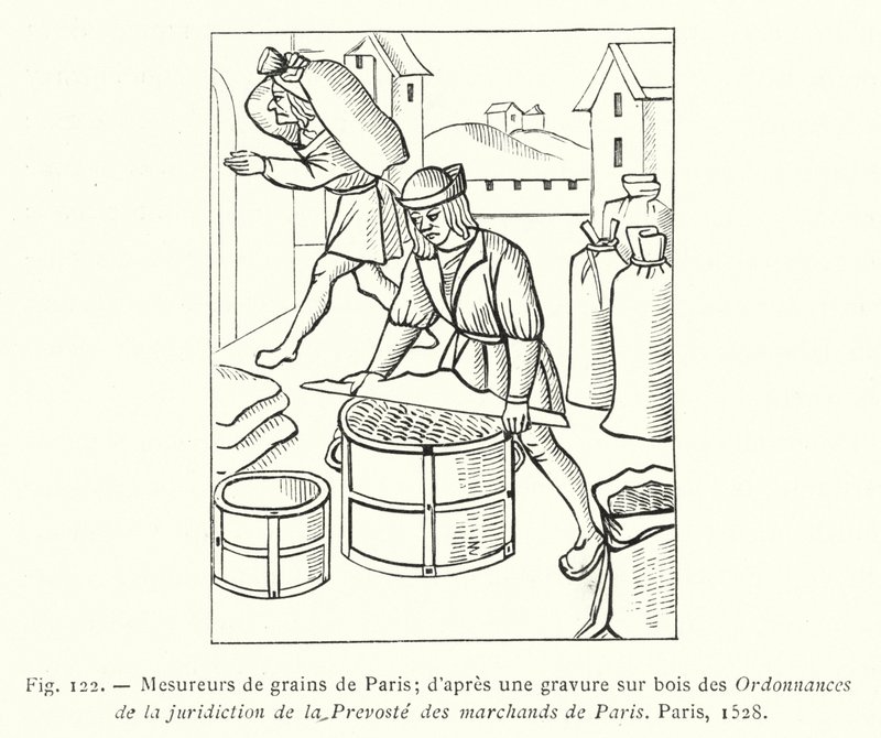 Graanmeters van Parijs; naar een houtsnede uit de Ordonnanties van de jurisdictie van de Prevoste van de kooplieden van Parijs, Parijs door French School