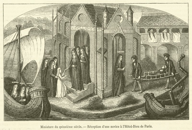 Miniatuur uit de vijftiende eeuw, Ontvangst van een novice in het Hôtel-Dieu van Parijs door French School