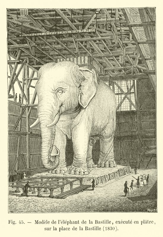 Model van de olifant van de Bastille, uitgevoerd in gips, op het plein van de Bastille, 1830 door French School