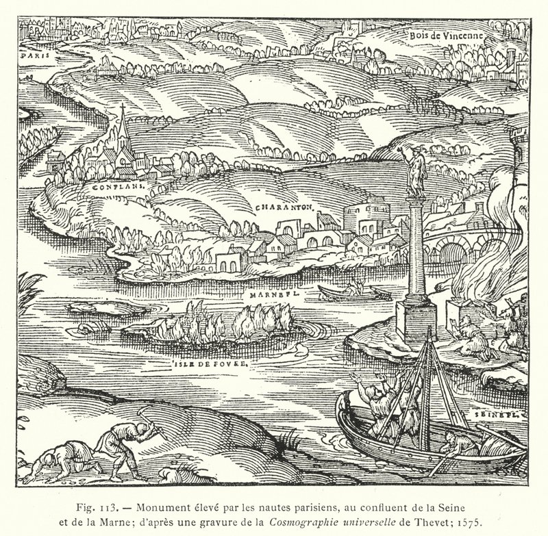 Monument opgericht door de Parijse schippers, bij de samenvloeiing van de Seine en de Marne; naar een gravure uit de Cosmographie universelle van Thevet; 1575 door French School