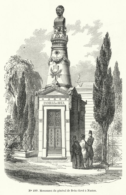 Monument in Nantes voor de Franse Generaal Jean Baptiste Fidele Brea, geëxecuteerd door revolutionairen tijdens de Juni-opstand in Parijs in 1848 (gravure) door French School