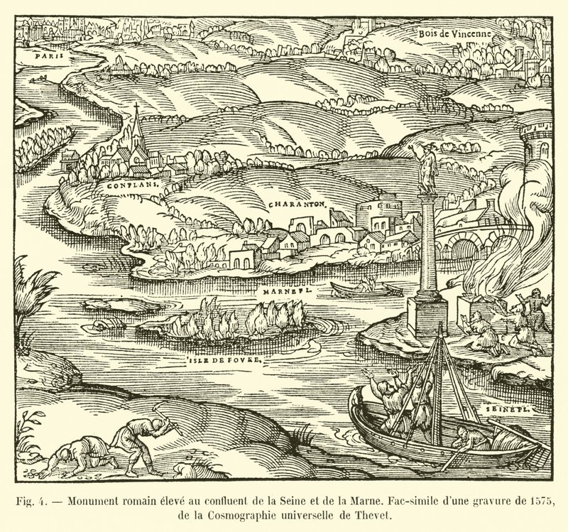 Romeins monument opgericht bij de samenvloeiing van de Seine en de Marne, facsimile van een gravure uit 1575, uit de Cosmographie universelle van Thevet door French School
