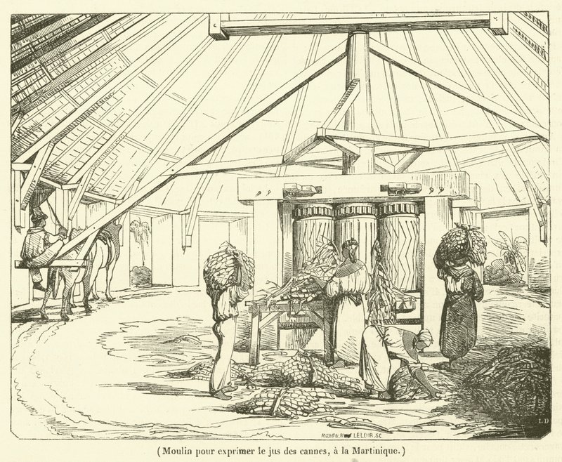 Molen om het sap van suikerriet te persen, in Martinique door French School