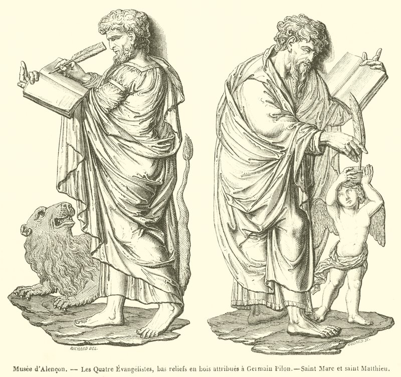 Museum van Alençon, De Vier Evangelisten, bas-reliëfs in hout toegeschreven aan Germain Pilon, Sint Marcus en Sint Matteüs (gravure) door French School