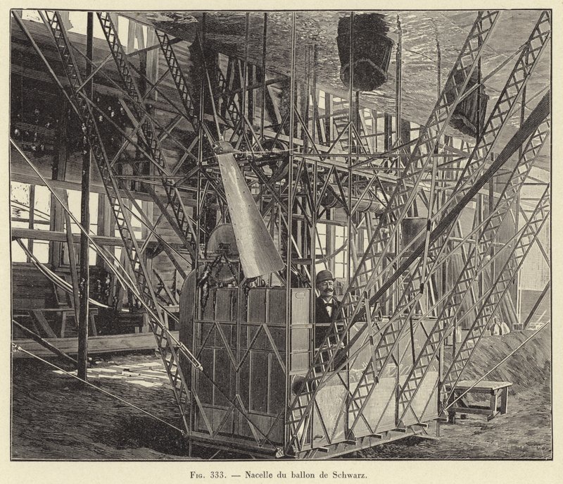 Mand van de ballon van Schwarz (gravure) door French School