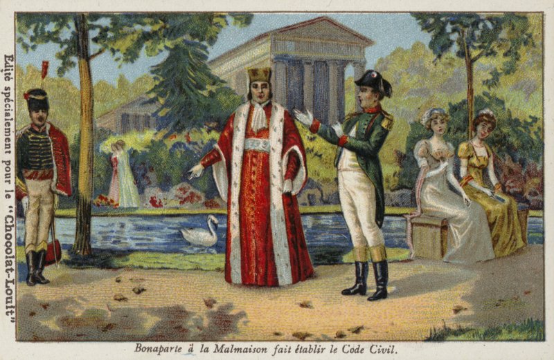Napoleon Bonaparte stelt de Napoleontische Code in op het Chateau de Malmaison, Frankrijk, 1804 door French School
