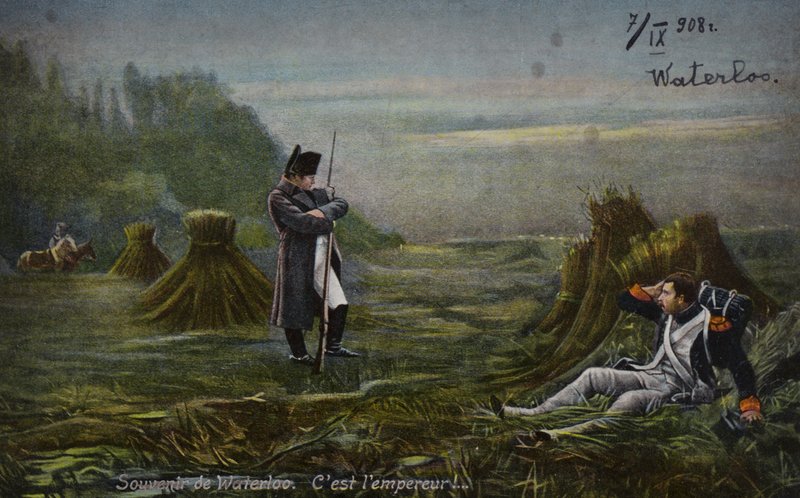 Napoleon bij Waterloo (kleurenlitho) door French School
