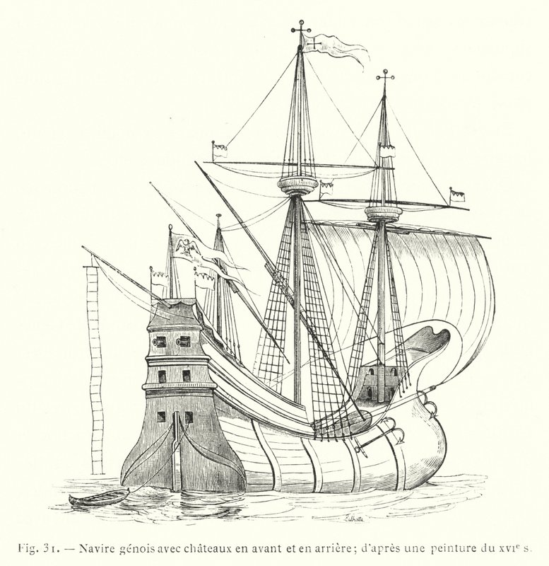 Genuese schip met kastelen voor en achter; naar een schilderij uit de 16e eeuw (gravure) door French School