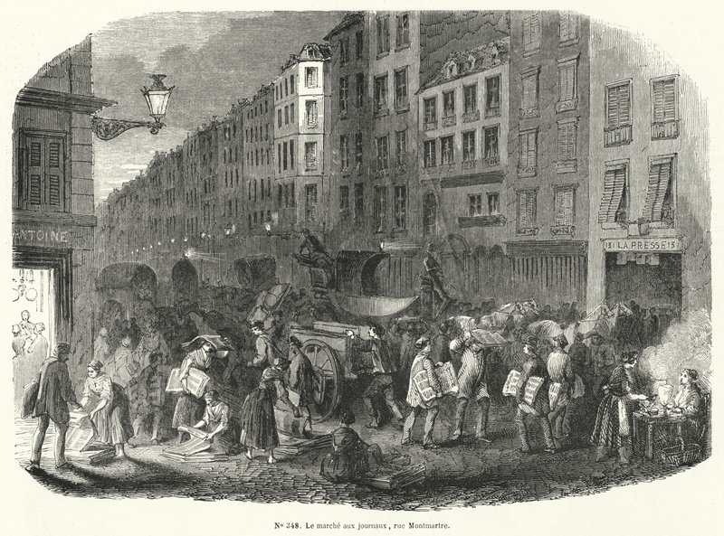 Krantemarkt, Rue Montmartre, Parijs (gravure) door French School
