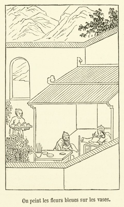 Men schildert de blauwe bloemen op de vazen (gravure) door French School