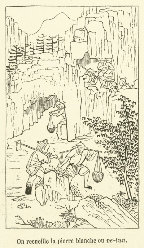 Men verzamelt de witte steen of pe-tun (gravure) door French School