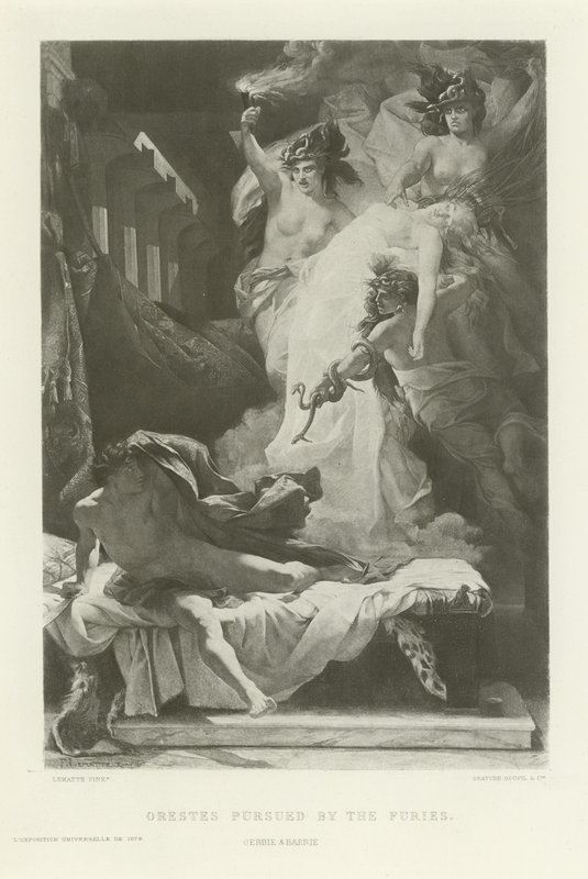 Orestes achtervolgd door de furiën (gravure) door French School