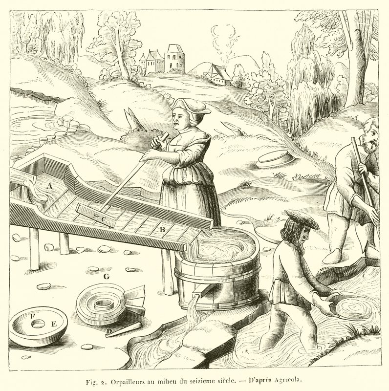 Goudzoekers in het midden van de zestiende eeuw (gravure) door French School