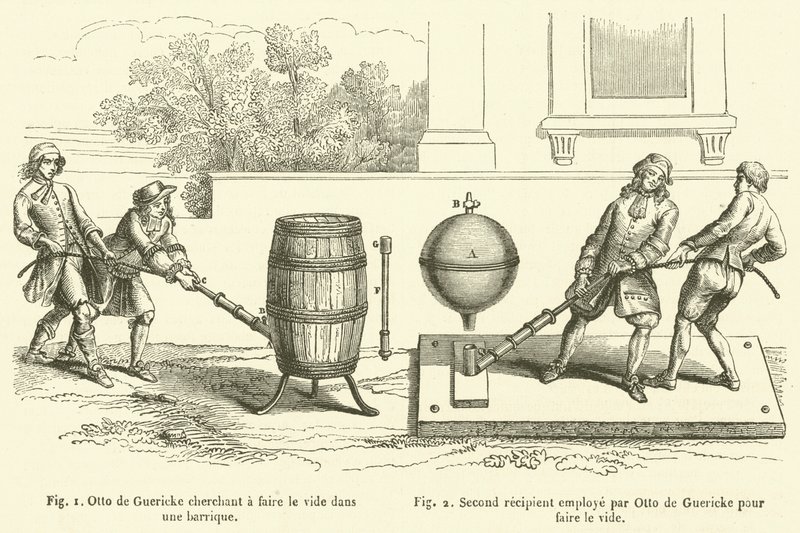 Otto de Guericke probeert een vat leeg te maken, Tweede vat gebruikt door Otto de Guericke om het vacuüm te maken door French School